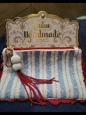 Handcrafted In India Blue & White Beaded Wristlet Pouch with Red Tassel